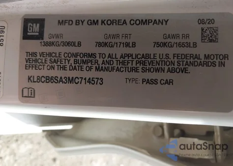 2021 Chevrolet Spark Fwd Ls Automatic из США, поврежденный, VIN KL8CB6SA3MC714573